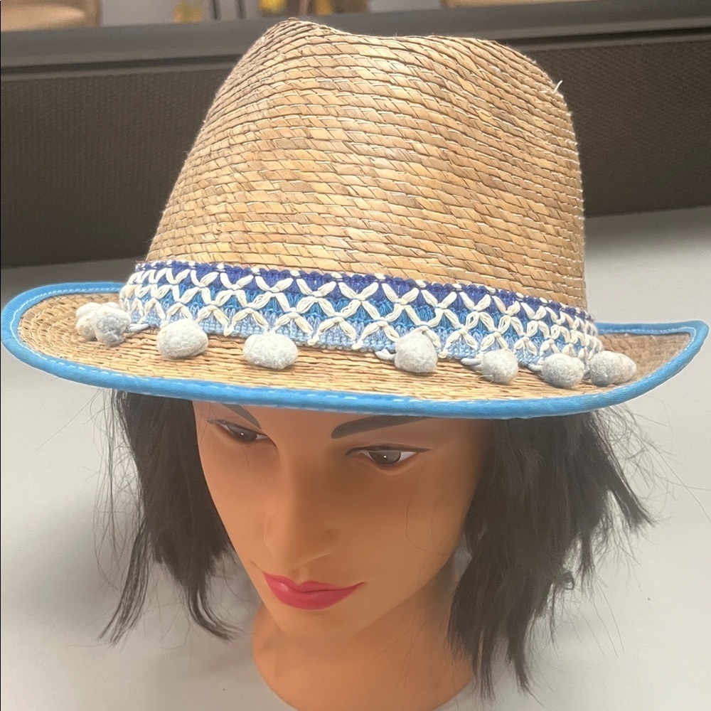 Source Unknown Tan and Blue Straw Hat unisex item